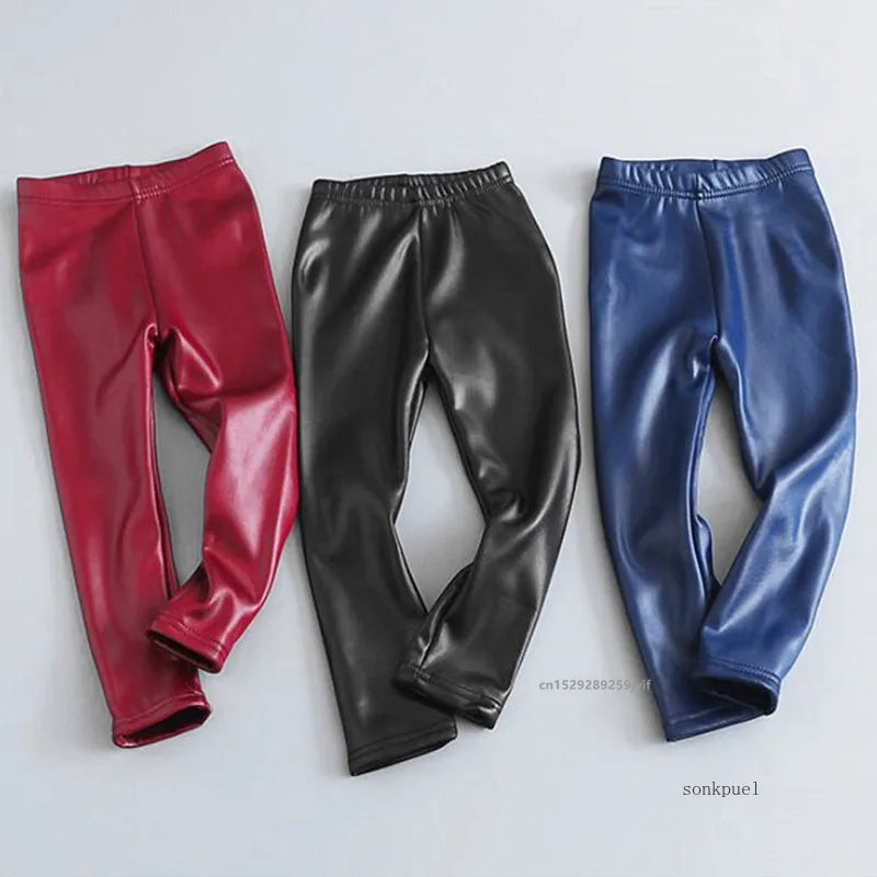 Girls Warm Trousers Faux PU Leather Legging Slim Pants