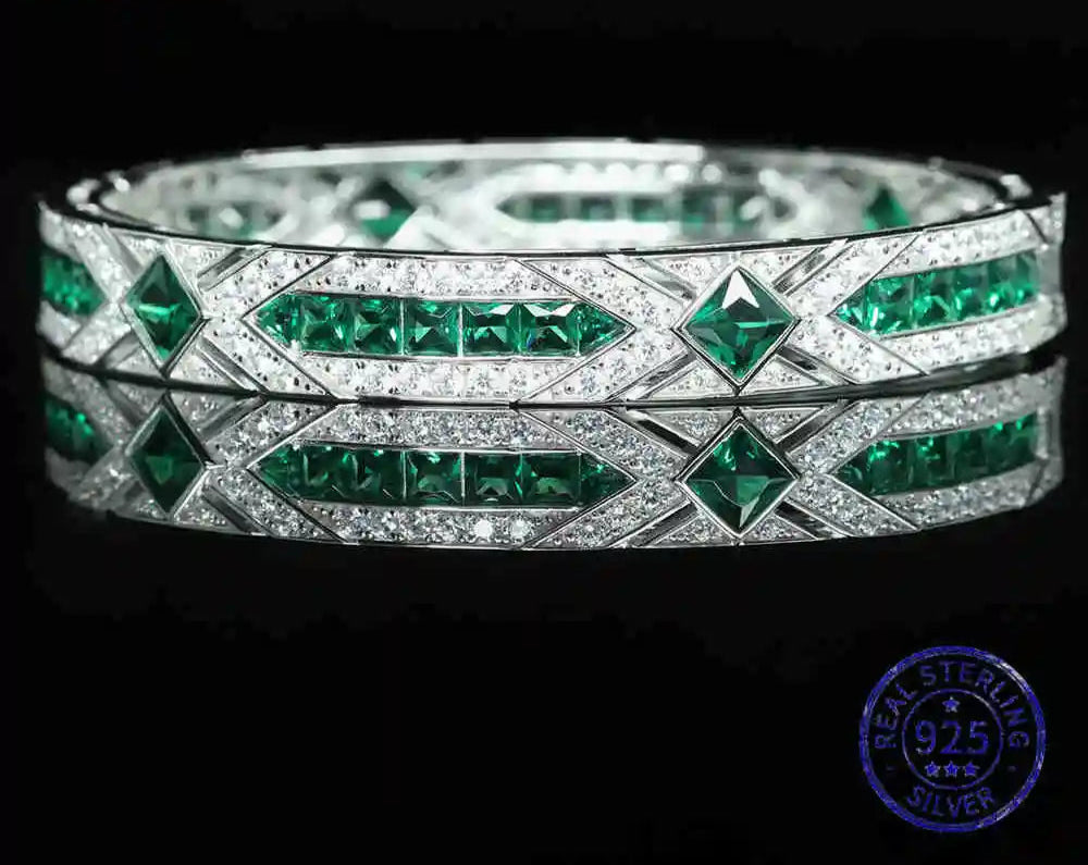 Princess Cut Emerald High Carbon Diamonds Gemstones Bracelet Bangle 925 Sterling Silver Fine Jewelry