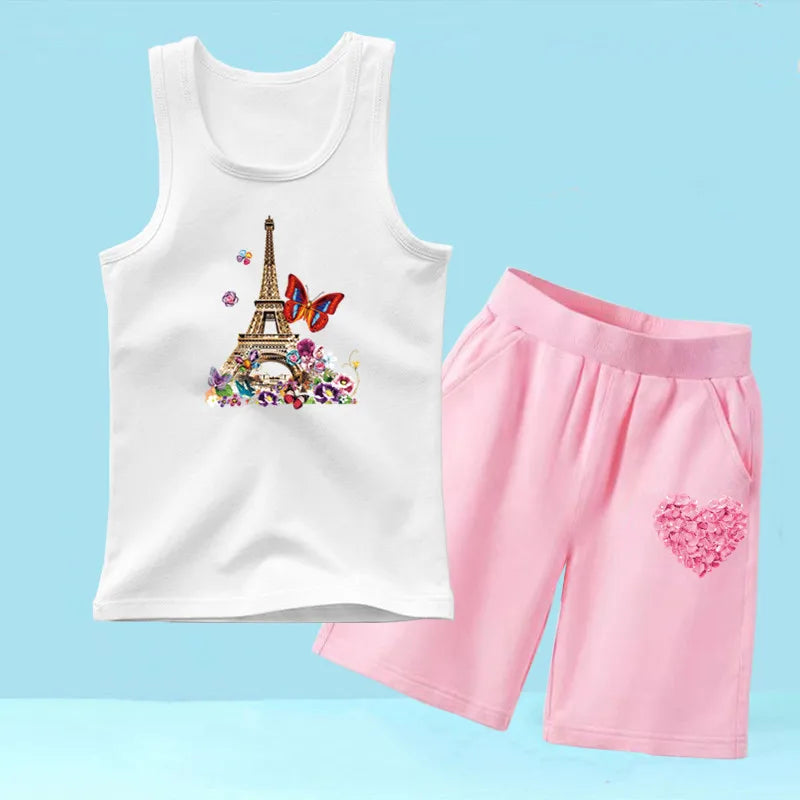 Summer Girls 2PCS Vest Set Perfume Bottle Print Sleeveless Top and Shorts