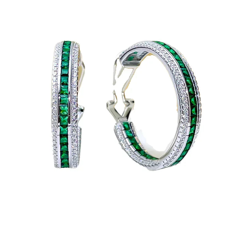 Luxurious Lab Emerald 925 sterling silver earrings inlaid with high carbon diamonds