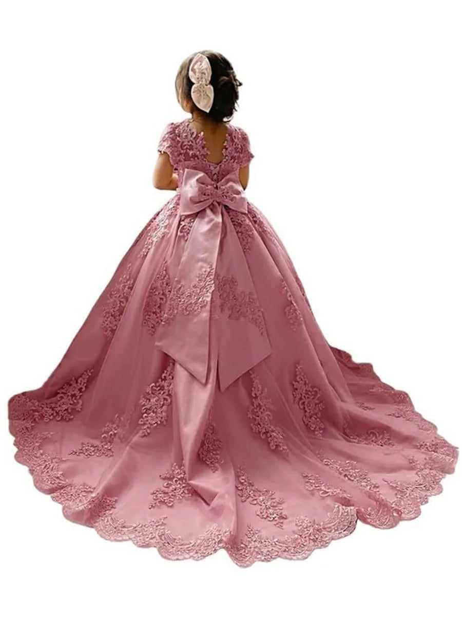 Flower Girl Princess Dresses for Wedding Pageant With Bow-knot Beaded Appliques Long Train Party Gowns