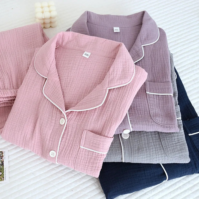 Spring and Autumn Couple Pajamas Set 100%Cotton Crepe Long Sleeve Pants Two Piece Men's and Women's Large Size