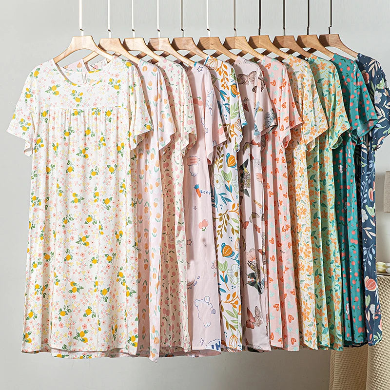 Summer Women Nightgown Short Sleeve Round Neck