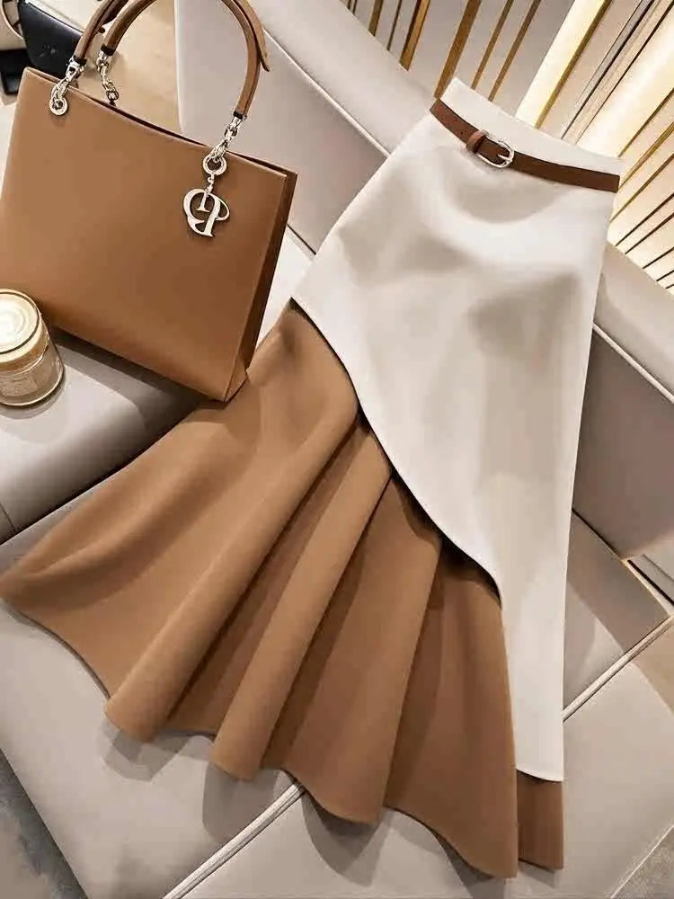 Women's Casual Brown White Patchwork Elegant Skirt Autumn/Winter High Waist Skirts