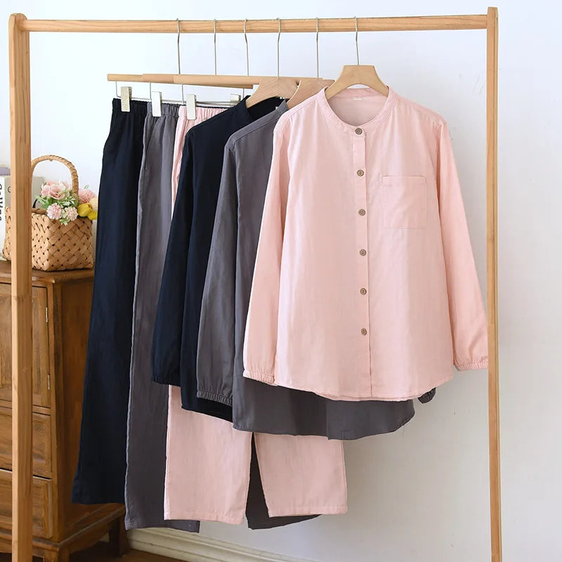 Spring/Summer Women Men Pajama Set 100% Cotton Long Sleeve Long & Pants Two Piece