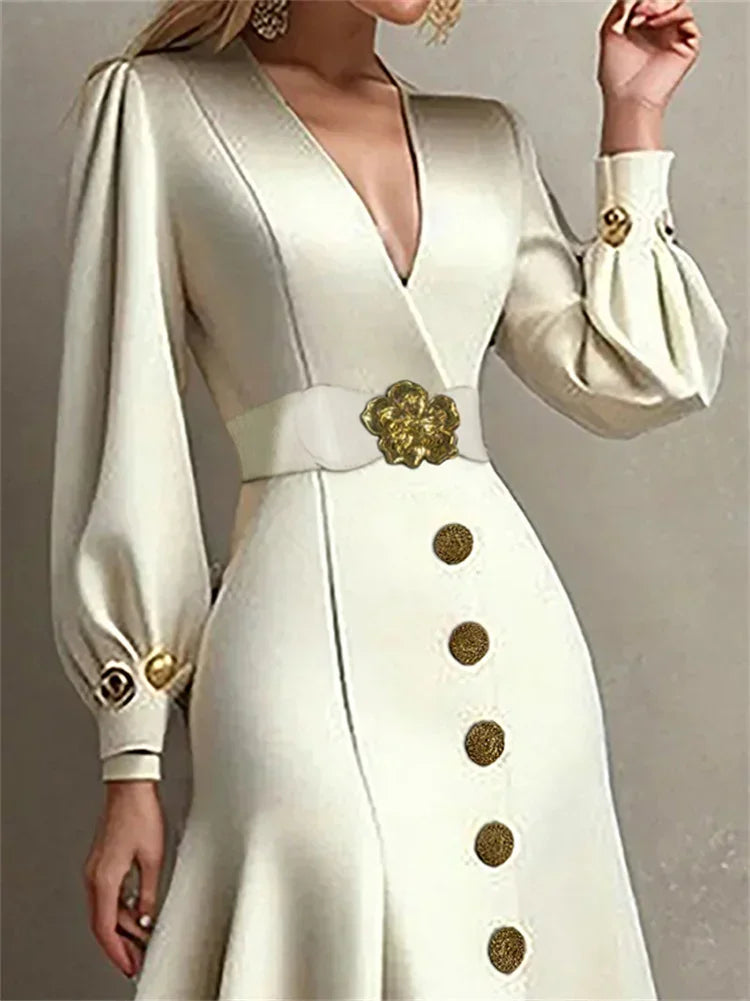 Formal Midi Elegant Evening Dresses Autumn Puff Sleeves Tied Waist V-Neck