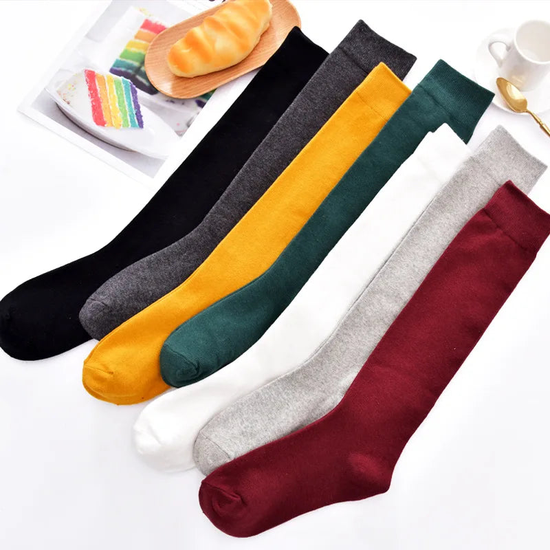 Women Cotton Knee High Solid Color Socks