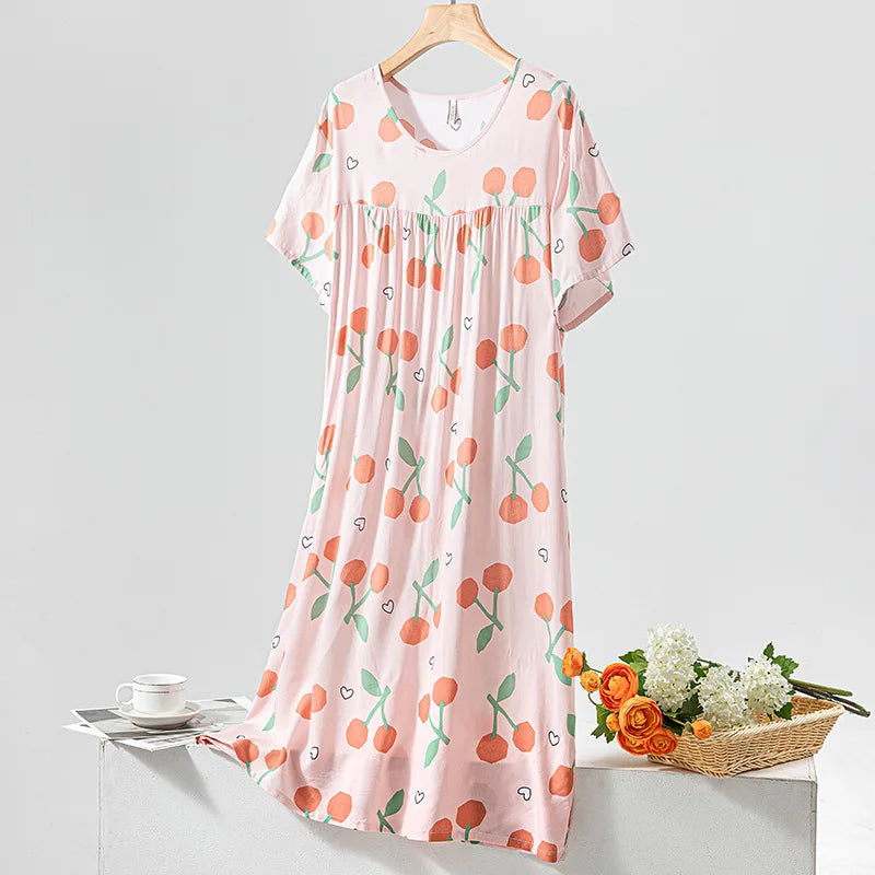 Summer Women Nightgown Short Sleeve Round Neck
