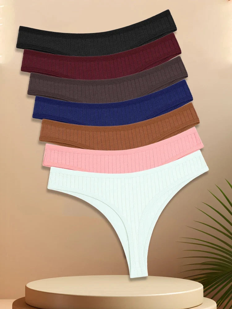7PCS Women Cotton Striped Thongs Underwear Low Waist G-String Panties Sexy Breathable Solid Color T-Back Casual Bikini Lingerie