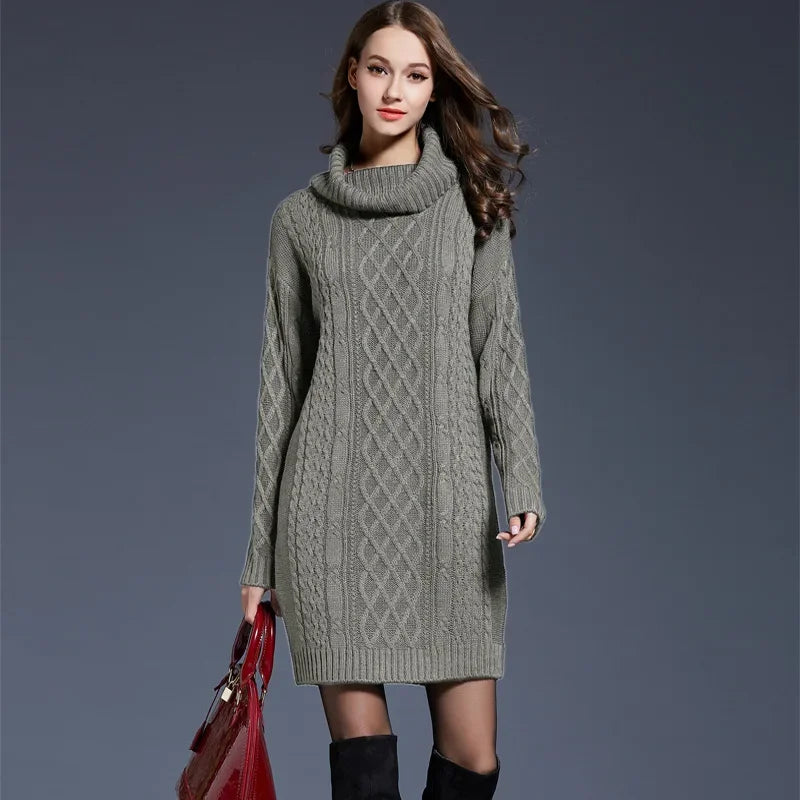 Warm Knitted Comfortable Casual Collar Pullover Sweater Long Sleeved Dress