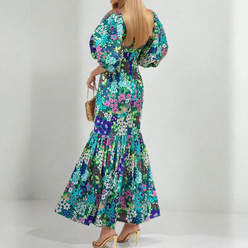 Elegant Blue Flower Print Lantern Sleeve Ankle Summer Fishtail Dress