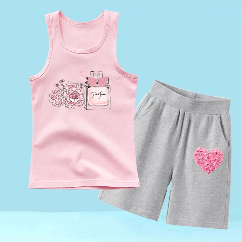 Summer Girls 2PCS Vest Set Perfume Bottle Print Sleeveless Top and Shorts