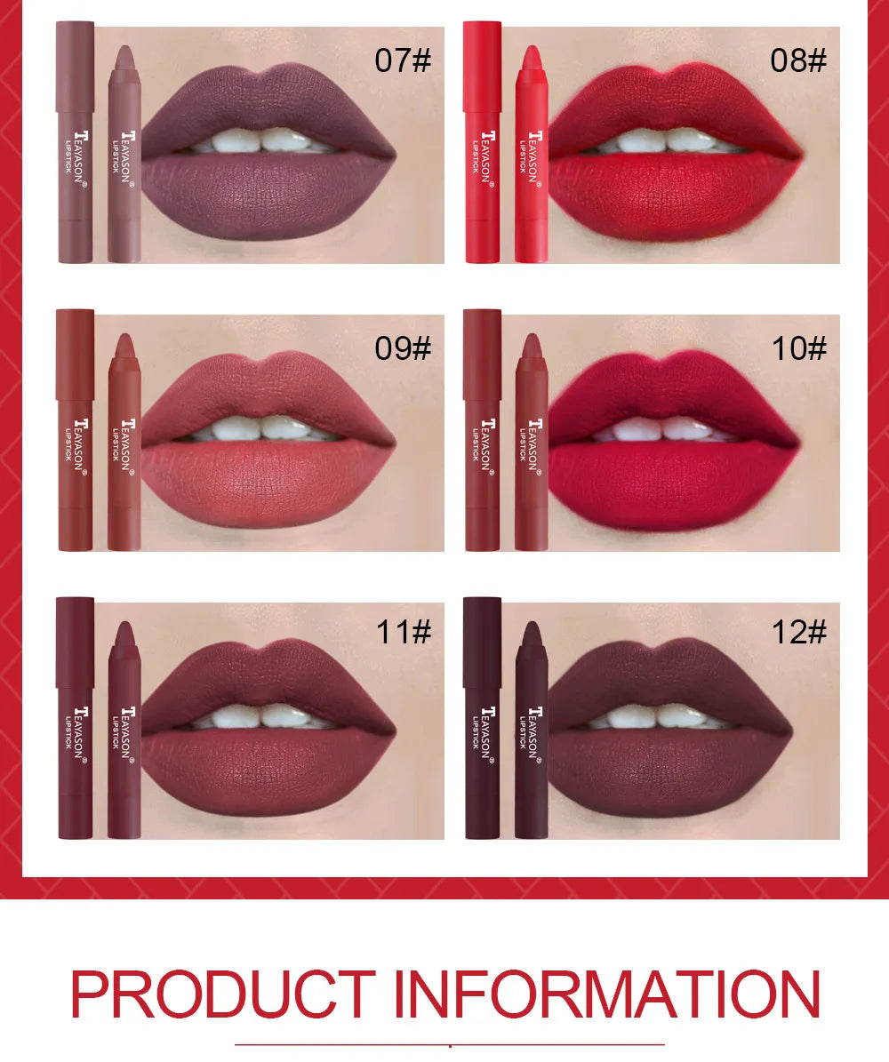 12 Colors Velvet Matte Lipstick Pen Waterproof Lasting Nude Crayon