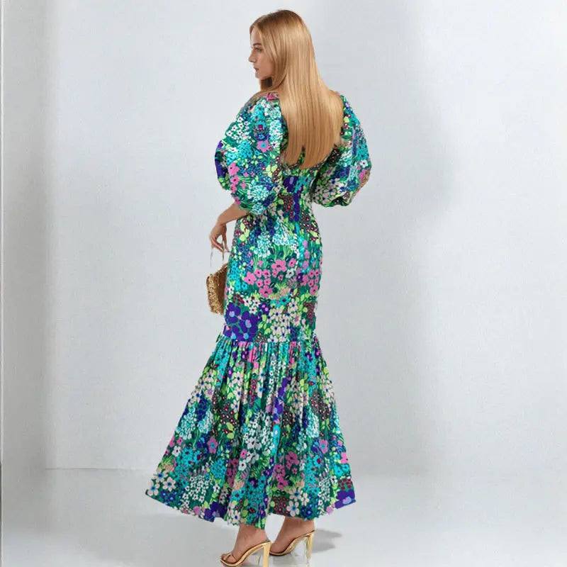 Elegant Blue Flower Print Lantern Sleeve Ankle Summer Fishtail Dress
