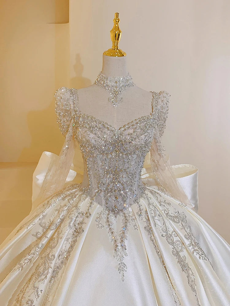 Satin Wedding Dress with Square Collar Lace up Luxury Bridal Ball Gown Floor-Length off the Shoulder with Train