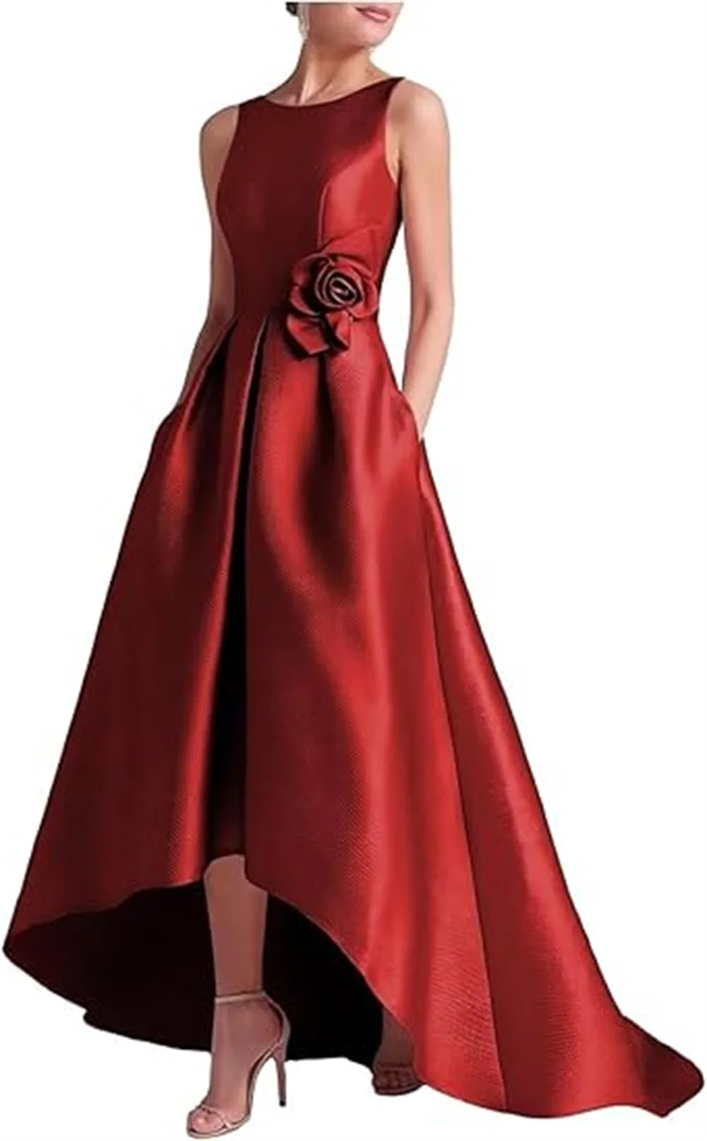 Customized High Low Satin Dresses Wedding Guest Mother of the Bride With Pocket Sleeveless Party Evening Gown