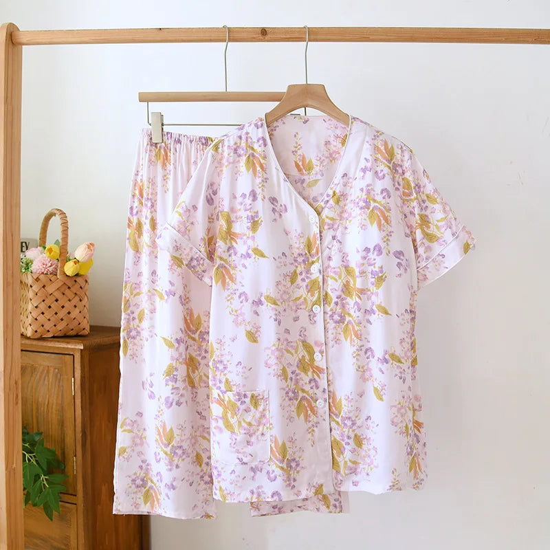 Thin Summer Floral Woman Pajama Sets Nightwear Top and Pants