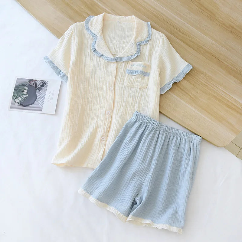 Summer pajamas short-sleeved shorts two-piece cotton crepe