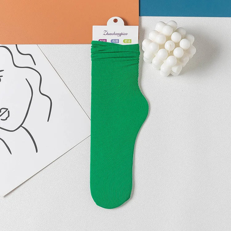 Multicolor Solid Color Ice Silk Velvet Mid Tube Women summer Socks Soft Thin