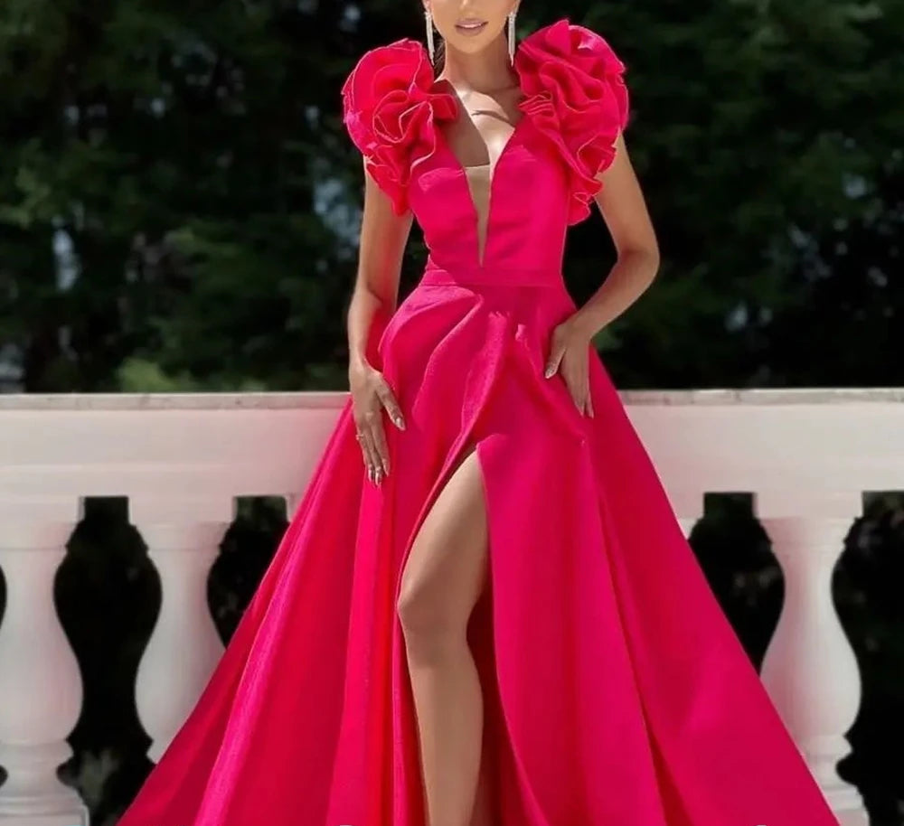 Customized Elegant 3D Flowers A-Line V-Neck Cap Sleeve Satin Evening Dresses Sweep Train Sleeveless
