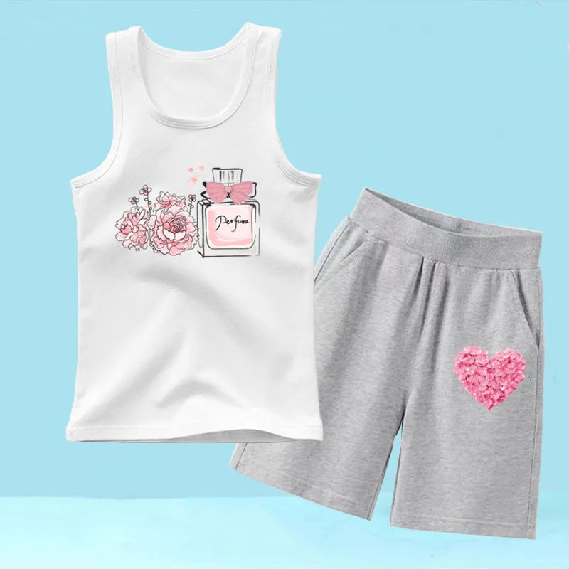 Summer Girls 2PCS Vest Set Perfume Bottle Print Sleeveless Top and Shorts