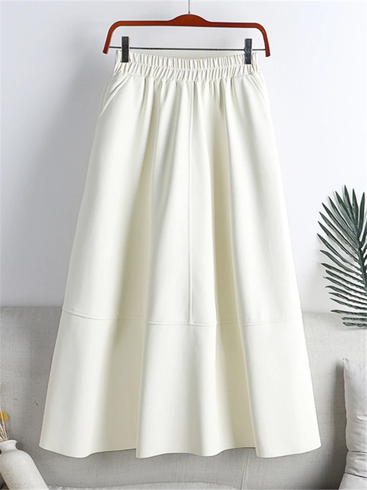 Elegant Faux PU-Leather Midi Skirts High Waist