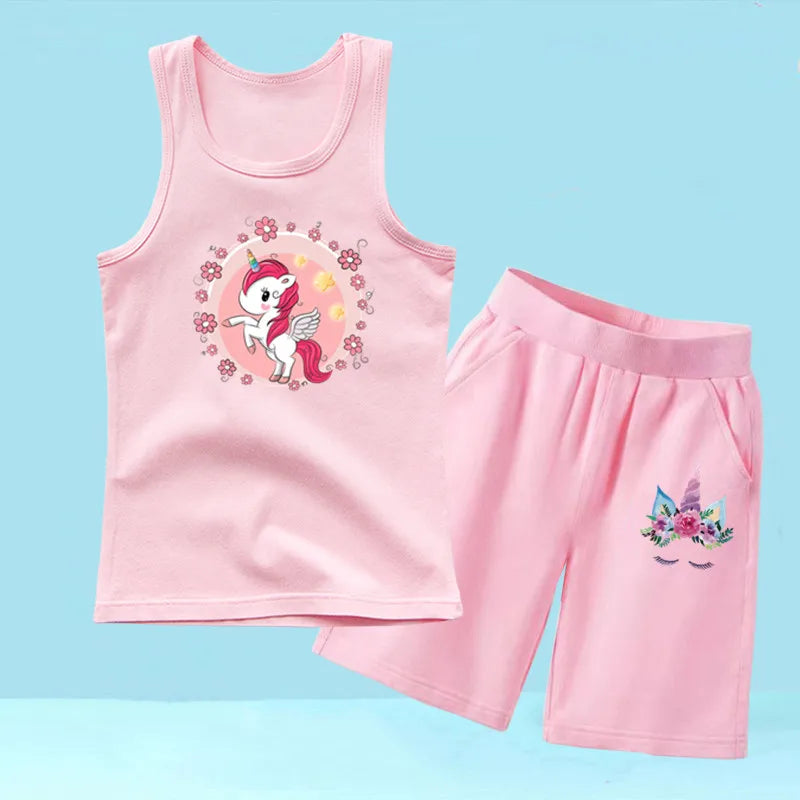 Summer Girls 2PCS Vest Set Perfume Bottle Print Sleeveless Top and Shorts