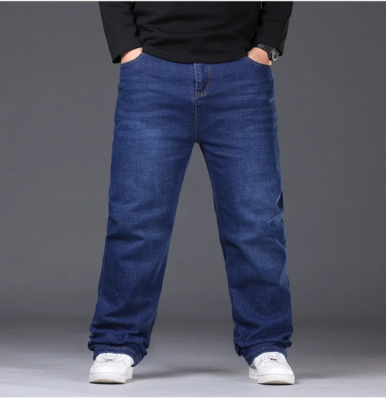 34-50 Sizes Men's Stretch Jeans Straight Leg Denim Pants Extended Sizing Blue/Black Streetwear Relaxed Fit for Work & Casual