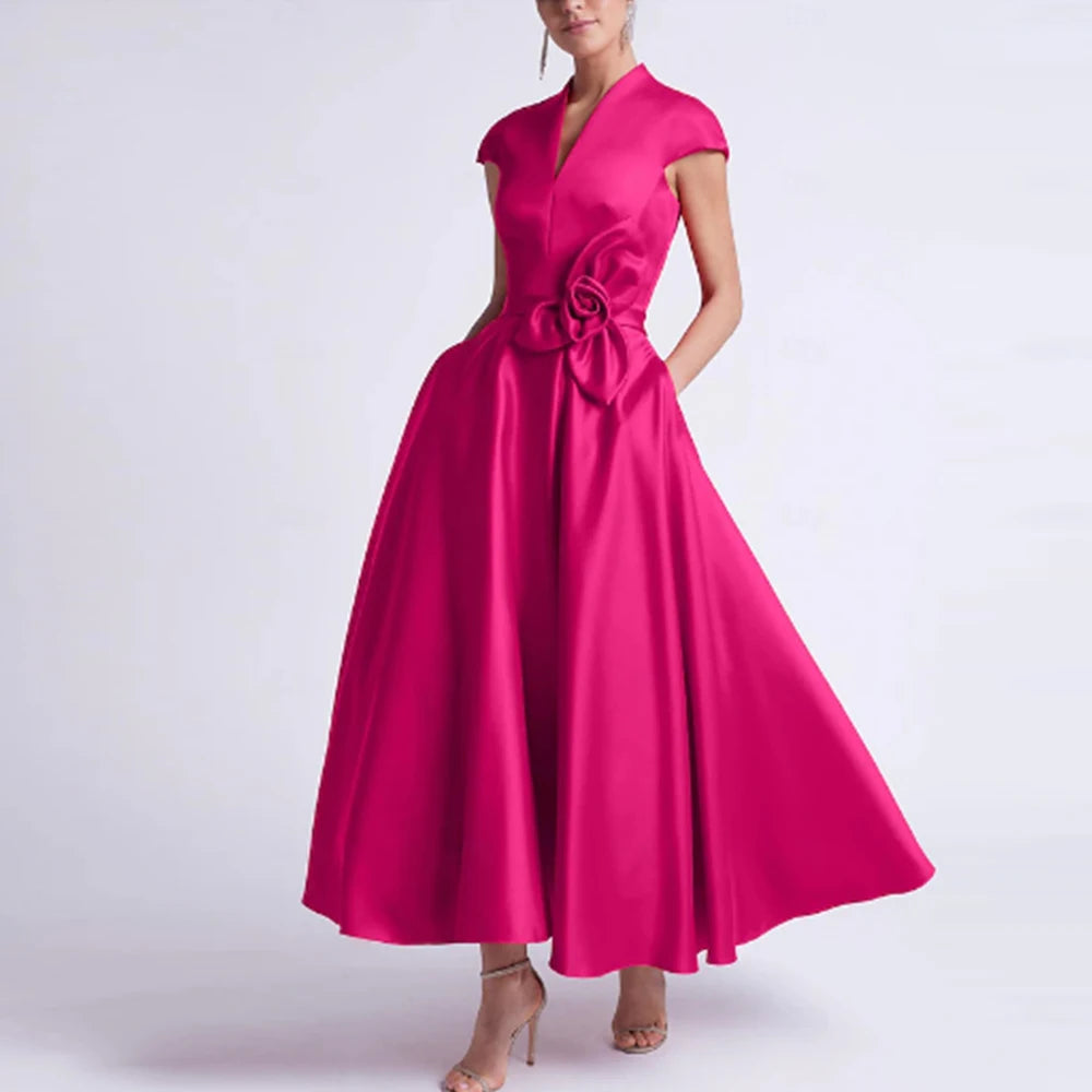 Elegant Women's Cocktail Party Satin Flower Handmade Gowns A-line