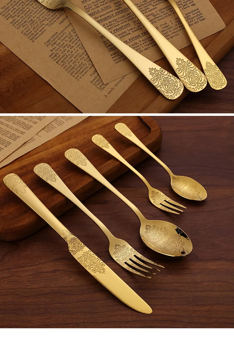 5Pcs Cutlery Set Stainless Steel Tableware Carving Golden Dinnerware