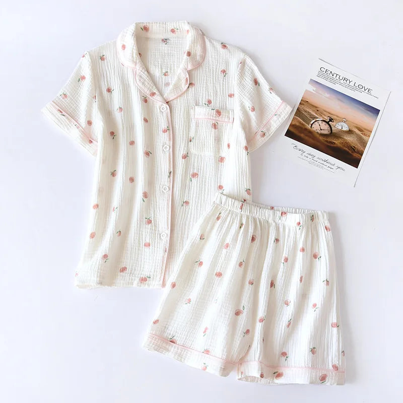 Summer pajamas short-sleeved shorts two-piece cotton crepe