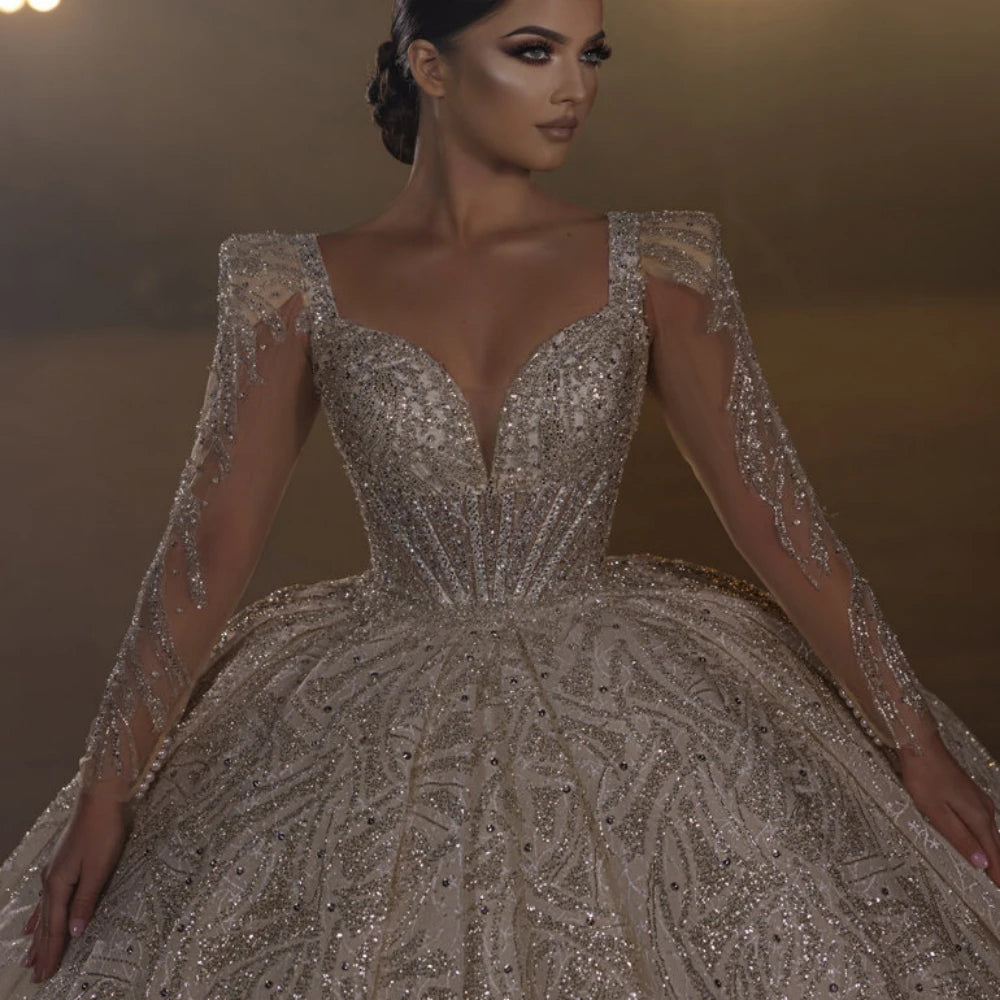 Luxury Organza Beaded Wedding Ball Gown Dress Long Sleeve