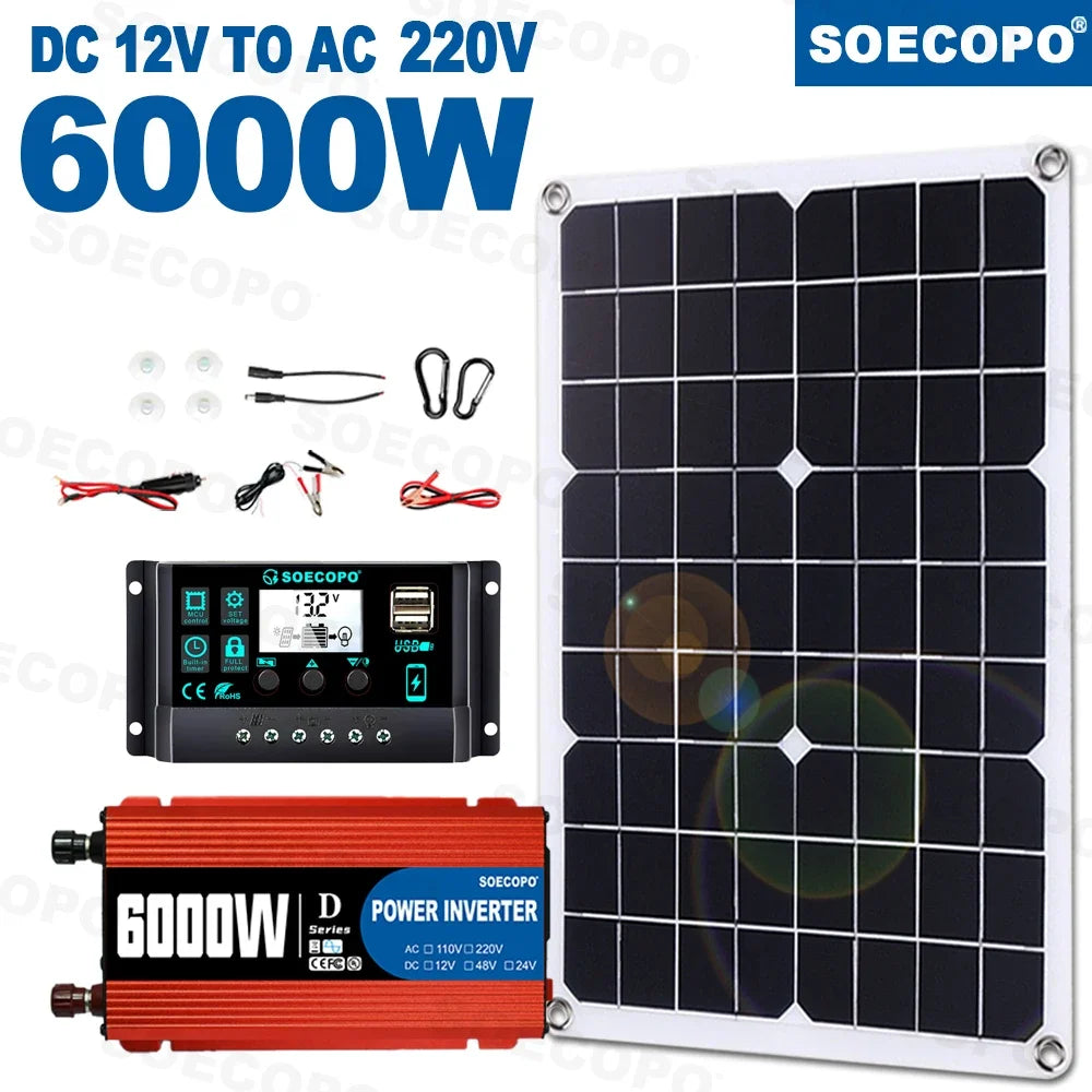 SOECOPO 6000W System Complete Kit 500W Panel Solar DC 12V to AC 110V/220V Inverter 100A Controller Off-Grid for Home Camping