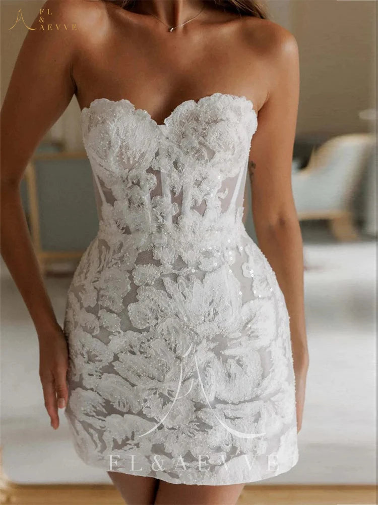Sexy Glitter Lace Short Wedding Dresses Beadings Sweetheart Shiny Mini Bridal Gowns Party Dress Customized