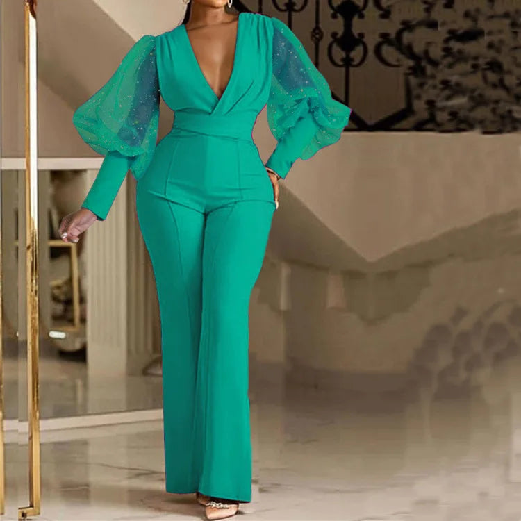 Elegant Jumpsuit Romper High Waist Overall Sequins Bodycon Long Sleeve