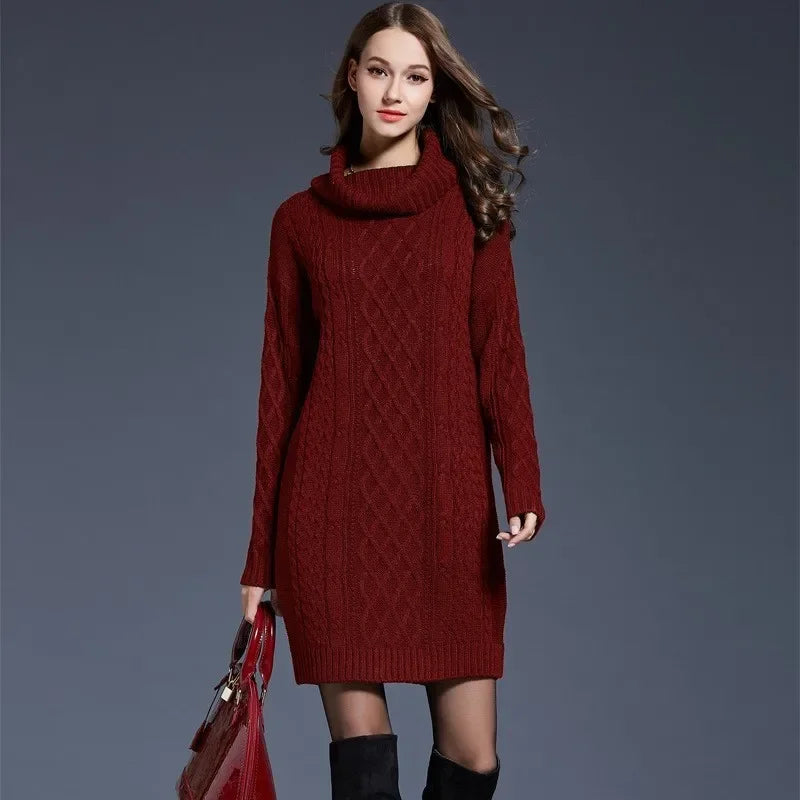 Warm Knitted Comfortable Casual Collar Pullover Sweater Long Sleeved Dress