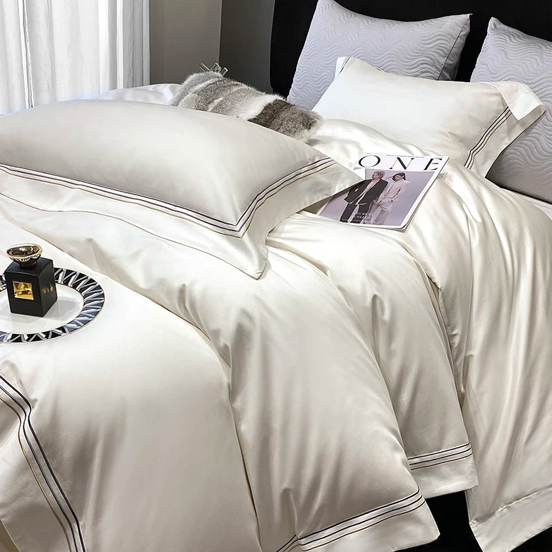 Luxury Three-line Embroidery Solid Color 1000TC Egyptian Cotton Bedding Set Duvet Cover Bed Sheet/Fitted Sheet Pillowcases 4Pcs