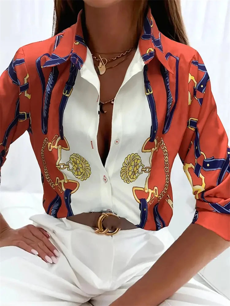 Elegant Printed Pattern Button Long Sleeve Women's Shirts
