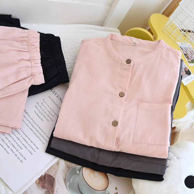 Spring/Summer Women Men Pajama Set 100% Cotton Long Sleeve Long & Pants Two Piece