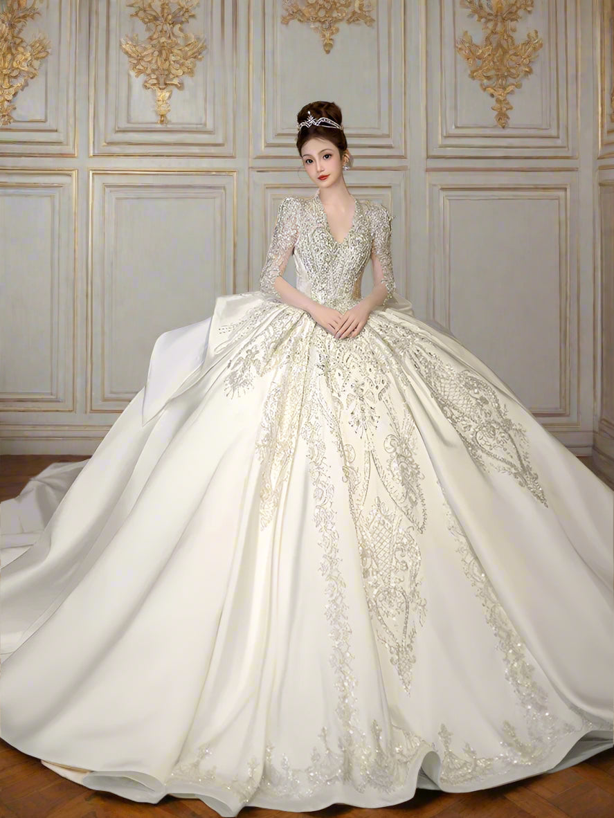 Luxury Classic Full sleeve Satin Wedding Dresses with Royal Train Customized