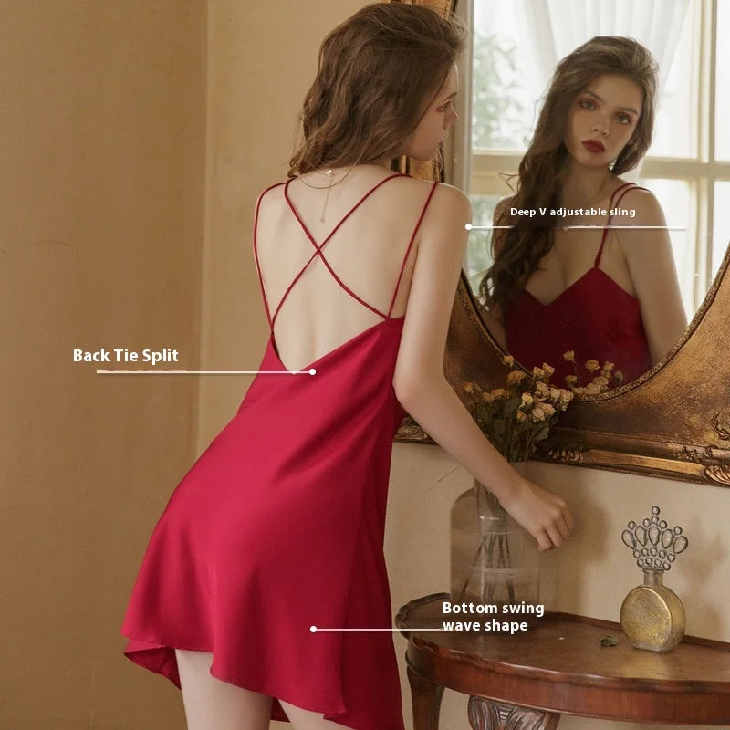 Sexy Silk Nightgown Lingerie Backless Short