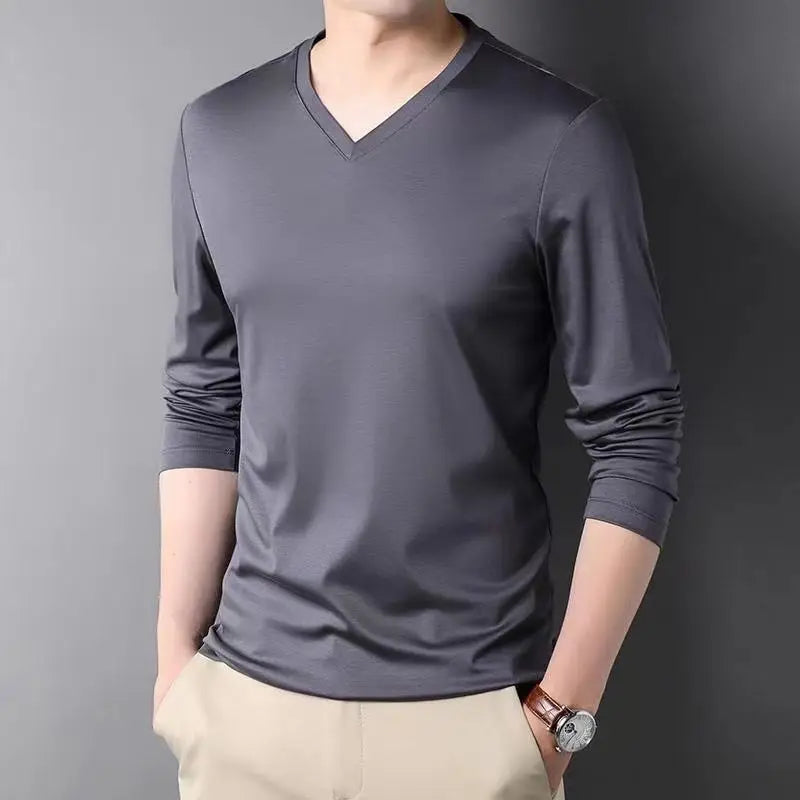 Men Thin Solid Cotton T-shirt Long Sleeve V-Neck Thin