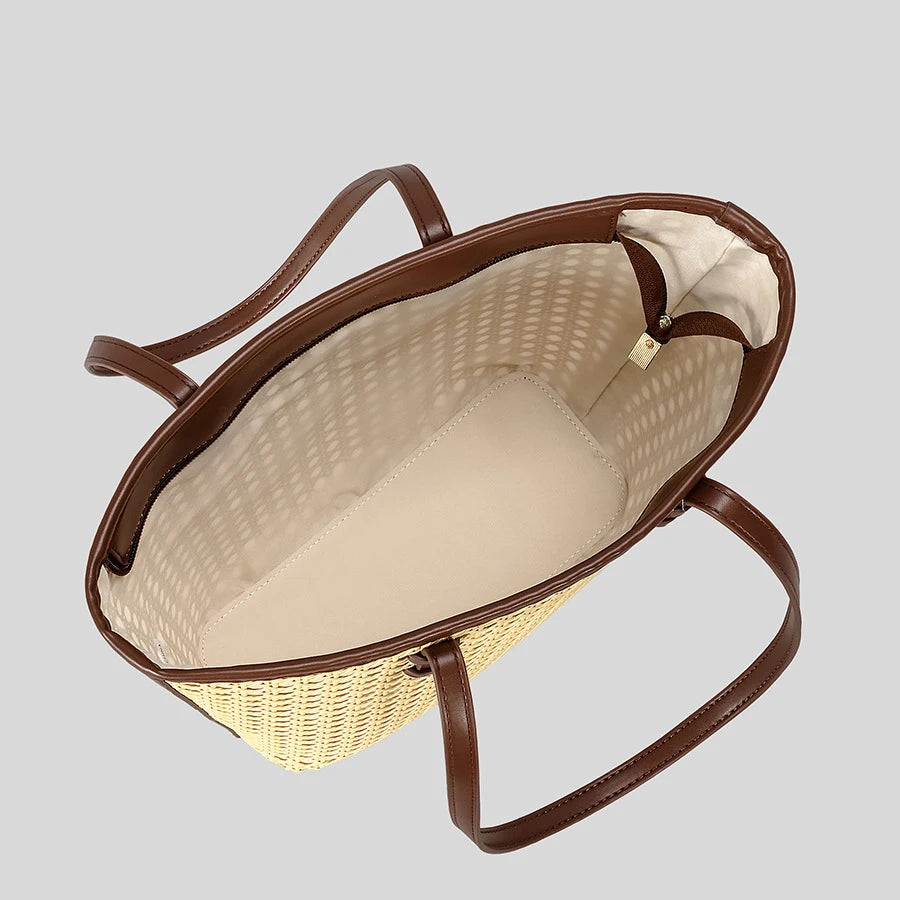 Fashion Hollow Buckets Faux Rattan Woven Women Shoulder Tote Bags