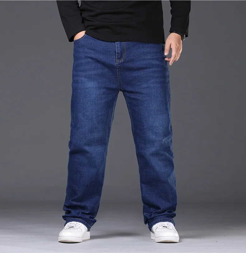 34-50 Sizes Men's Stretch Jeans Straight Leg Denim Pants Extended Sizing Blue/Black Streetwear Relaxed Fit for Work & Casual