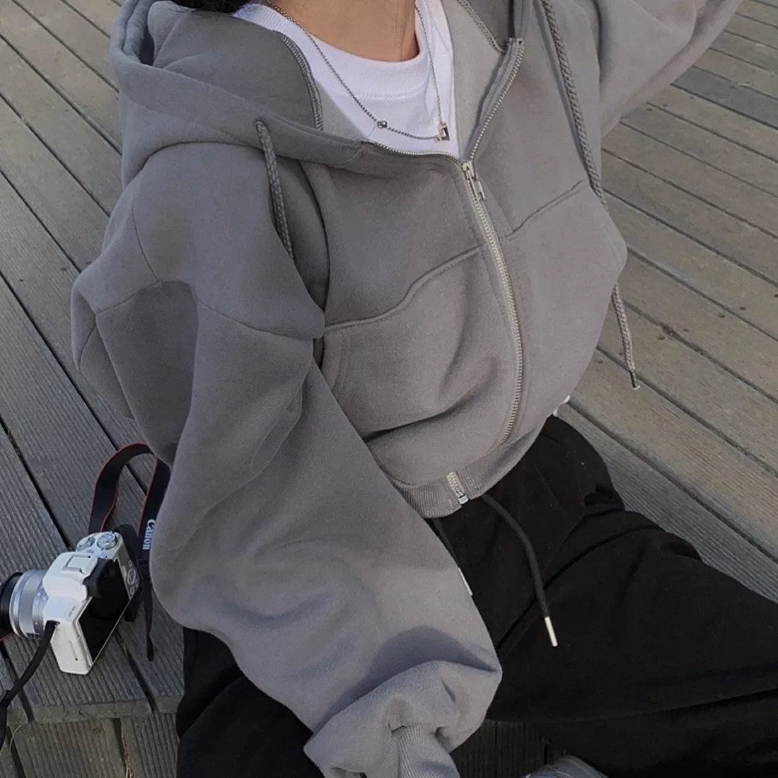 Women Casual Hood Sweatshirt Zip Up Long Sleeve Oversized Loose Jackets