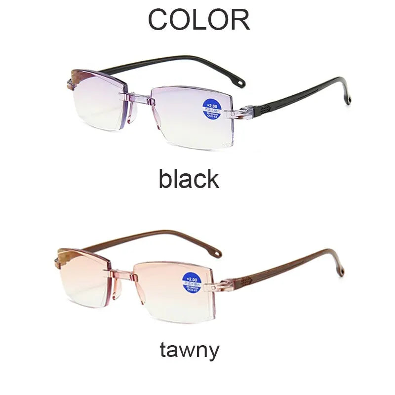 2 Pair Men Women Rimless Reading Glasses Anti Blue Light Bifocal Far Near Magnification Eyewear Presbyopic Glasses +150 +200
