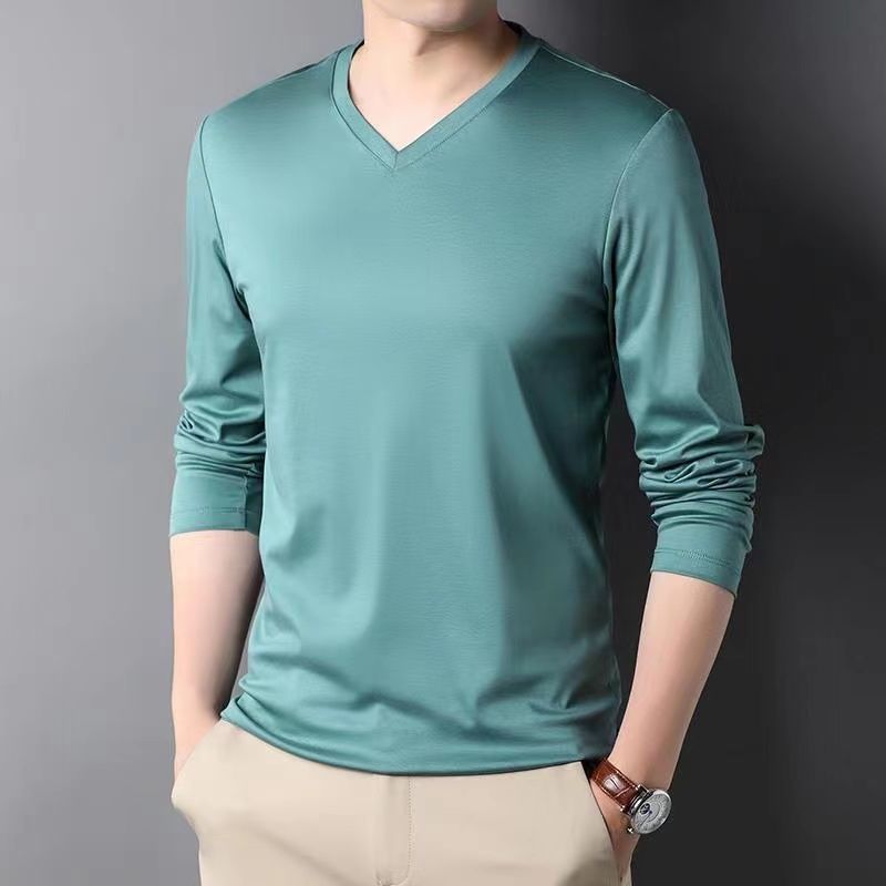 Men Thin Solid Cotton T-shirt Long Sleeve V-Neck Thin