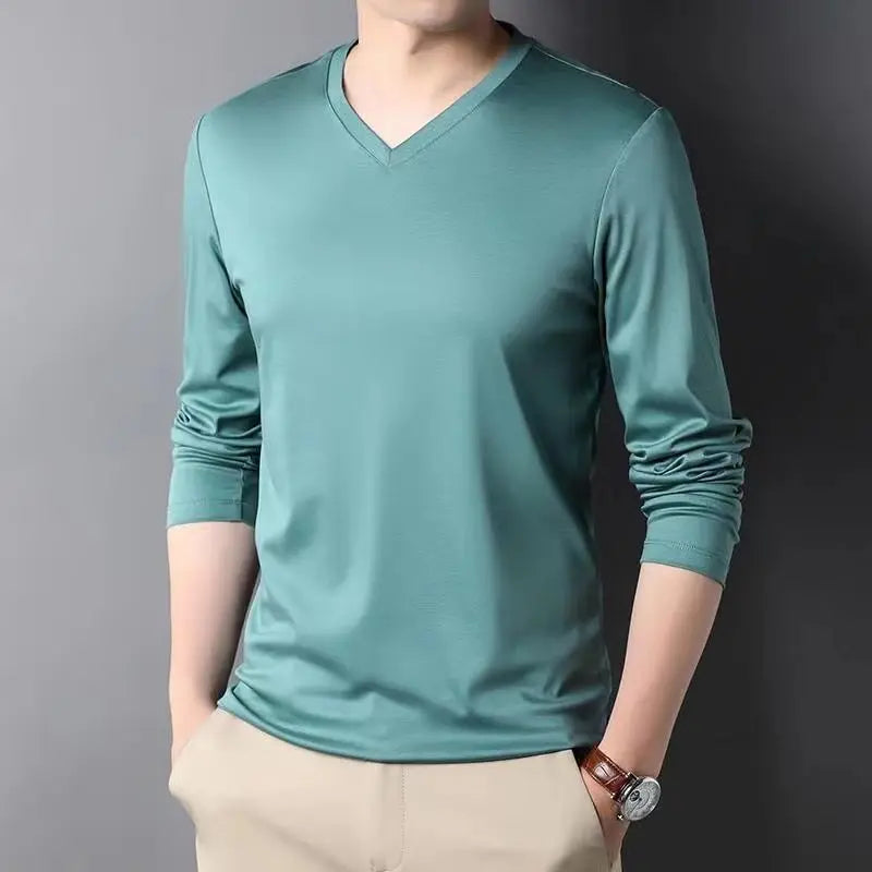 Men Thin Solid Cotton T-shirt Long Sleeve V-Neck Thin
