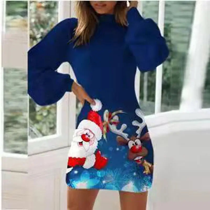 Vintage Christmas Printing Party Dress For Women Autumn Fashion Half High Collar Lantern Long Sleeve Dress Lady Bodycon