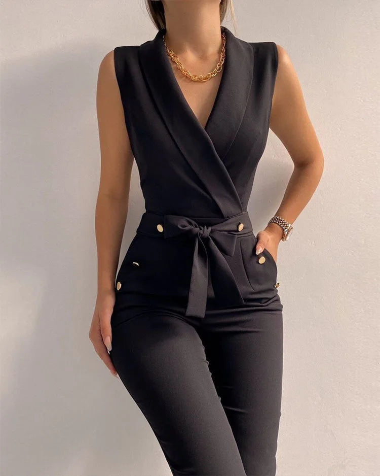 Women Casual V Neck Jumpsuits Button Lace Up Sleeveless Wide Leg Pants